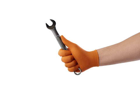 Hi Visibility Orange Nitrile Gloves 8 Mil Thick Large Heavy Duty One Size Fits Most with wrench in hand, showing grip texture