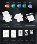 Real Deal Inkless Portable Printer Wireless Bluetooth Thermal Compact Travel Setup Rechargeable Battery features various thermal paper sizes.
