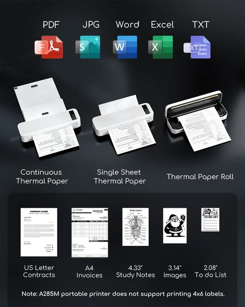 Real Deal Inkless Portable Printer Wireless Bluetooth Thermal Compact Travel Setup Rechargeable Battery features various thermal paper sizes.