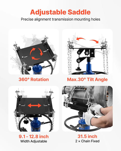 Beefed-Up Hydraulic Transmission Jack, 1660 Lbs Capacity, Telescoping Lift From 34.6 To 69.3 Inches, showing adjustable saddle features.