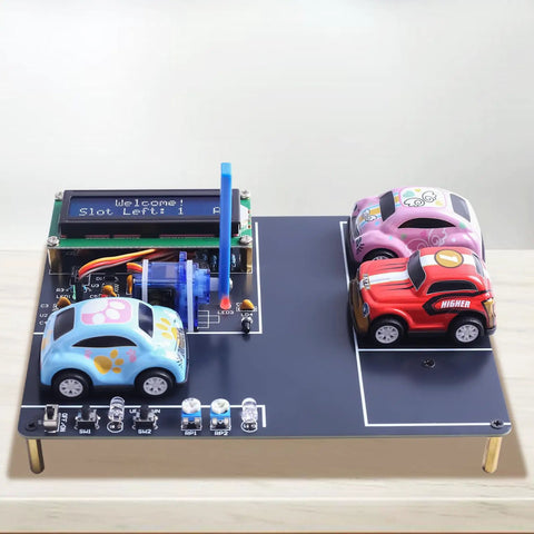 DIY Smart Parking System Soldering Kit For Teens And Students Learn Circuits And Logic Control By Building A Mini Car Parking Lot Simulation Model For Hands On Learning And Real World Practice In Tech Education, showing miniature cars on circuit board.