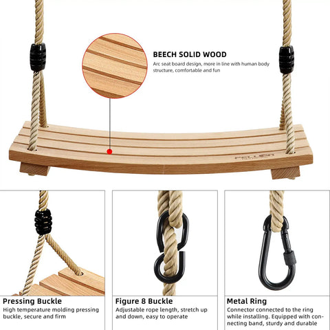 Wooden Tree Swing Seat For Indoor And Outdoor Fun With Adjustable Rope, Non Slip Ridged Seat And Raised Sides, beech wood close-up