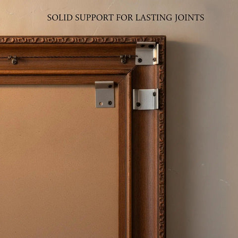 Z-Shaped Corner Brackets For Furniture And Cabinet Repairs on wooden frame, heavy-duty stainless steel reinforcement plates visible.