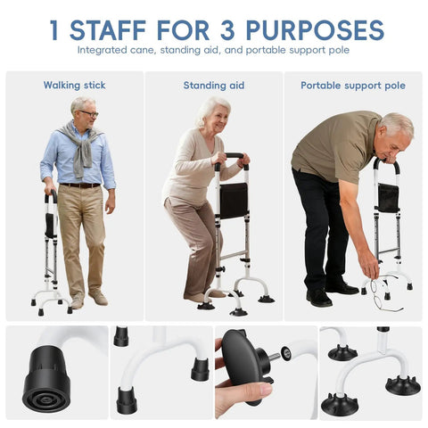 Stand Assist Rail for Elderly and Seniors, Quad Cane Mobility Aid With Four Point Support, Three uses demonstrated