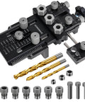 Dowel Jig Kit With Quick Positive Stop And Clamp, Adjustable Doweling Jig For Drill One Quarter, Three Eighths And One Half Inch, Delivers Precise Straight Dowel Holes For Cabinets, Furniture Or DIY Woodworking Projects, showing jig, drill bits, bushings, and scales.