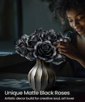 Dope Black Rose Bouquet Building Set For Adults Gothic Vintage Flower Kit To Craft A Realistic Dark Rose Centerpiece, matte black ABS bouquet in vase