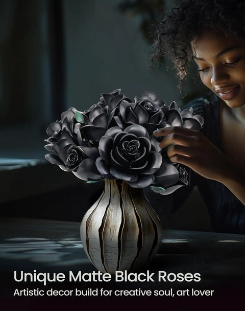 Dope Black Rose Bouquet Building Set For Adults Gothic Vintage Flower Kit To Craft A Realistic Dark Rose Centerpiece, matte black ABS bouquet in vase