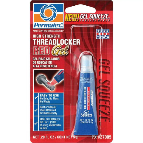 Red High Strength Thread Locker Gel Squeeze Tube 0.20 Oz packaging, visible tube and instructions, for auto, home, DIY use