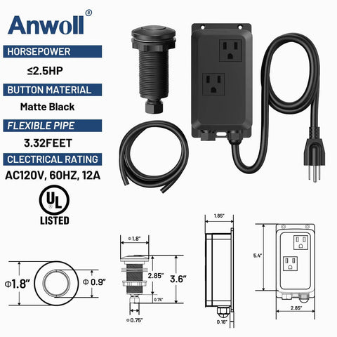 Garbage Disposal Air Switch Kit Dual Outlet Design For Sink Top Waste Disposer On And Off Button Brass Cover UL Listed