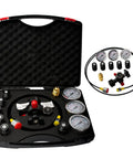 Hydraulic Nitrogen Accumulator Test And Charging Kit with 3 Gauges, adapters, and tools in black protective case.