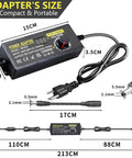 Adjustable DC Power Supply 3V To 24V 144W 6A Max Universal with size dimensions and connectors displayed