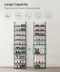 10-Tier Tall Shoe Rack Organizer With Metal Frame And Nonwoven Shelves, showing full capacity with 20 pairs of shoes, black design.