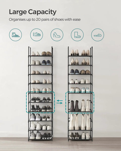 10-Tier Tall Shoe Rack Organizer With Metal Frame And Nonwoven Shelves, showing full capacity with 20 pairs of shoes, black design.
