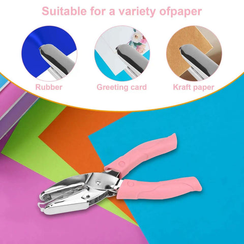 Handheld Paper Hole Punch Set With 1/16 Inch Small Circle And 1/8 Inch Medium Circle One Hole Punch Tool with pink grip on colorful paper