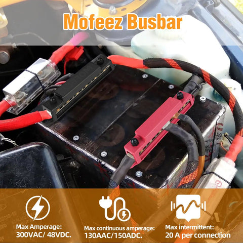 Power Distribution Block Bus Bar Kit With 6 3 By 8 Inch Posts And 10 No. 8 Terminal Screws installed in automotive wiring