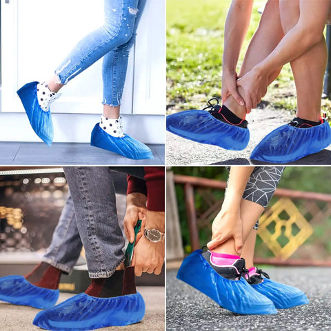 Waterproof Disposable Shoe Covers Non Slip For Indoors And Light Outdoors CPE Plastic Booties 100 Pairs (200 Pieces) worn on shoes