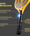 Portable 4000 Volt Electric Bug Zapper Racket Set Of 2 With USB Rechargeable Battery Indoor Outdoor Mosquito Killer LED Light Attractant Quick Zap For Garden Patio Camping And Nighttime Insect Control featuring zap protection, attraction light, and rugged handle