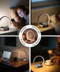 Collage showing a Bedside Lamp With Alarm Clock And Wireless Charger in various settings, wood grain finish, touch nightstand lamp.