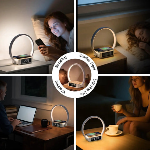 Collage showing a Bedside Lamp With Alarm Clock And Wireless Charger in various settings, wood grain finish, touch nightstand lamp.