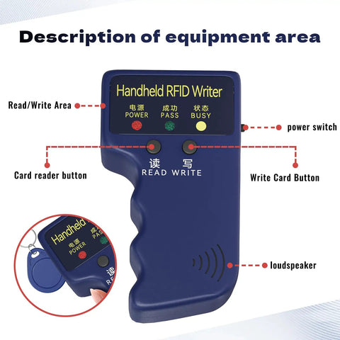 Portable RFID Writer And Card Duplicator For 125KHz Smart ID Access Control with labeled features and buttons