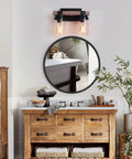 Two Light Farmhouse Vanity Light Over Mirror With Faux Wood Grain Finish in rustic bathroom setting