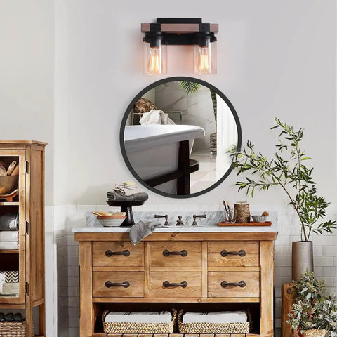 Two Light Farmhouse Vanity Light Over Mirror With Faux Wood Grain Finish in rustic bathroom setting