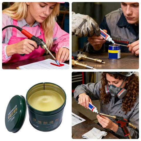 Collage showing Nozzle Cleaner Gel 200g For Welding Spatter And Flux Removal being applied to TIG nozzles and spray tools.