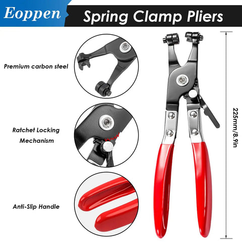 132 Piece Spring Hose Clamps Kit With Swivel Flat Band Pliers, featuring premium carbon steel and anti-slip handle.