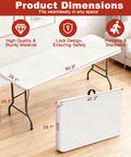 Heavy Duty Eight Foot Folding Table Fold In Half Utility Table For Indoor Outdoor Use Great For Camping Picnics Parties With Sturdy Steel Legs And A Durable Poly Top Ideal For Rugged Outdoor Settings And Big Gatherings, showing open and folded view with dimensions.