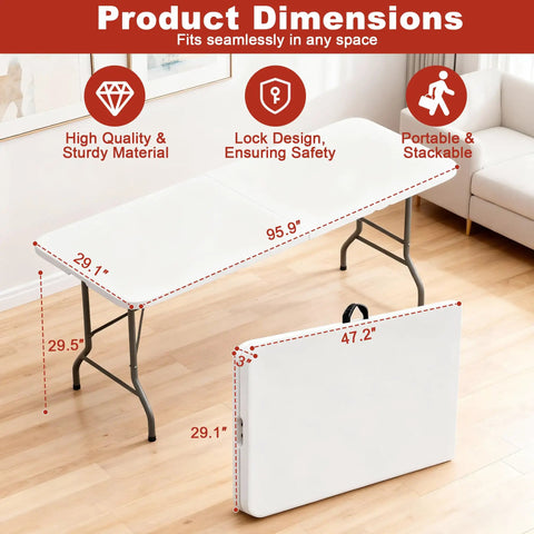 Heavy Duty Eight Foot Folding Table Fold In Half Utility Table For Indoor Outdoor Use Great For Camping Picnics Parties With Sturdy Steel Legs And A Durable Poly Top Ideal For Rugged Outdoor Settings And Big Gatherings, showing open and folded view with dimensions.