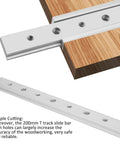 200mm Aluminum Miter Bar Accessory with T Slot Track Jig and mounting holes used on wood surface, silver finish