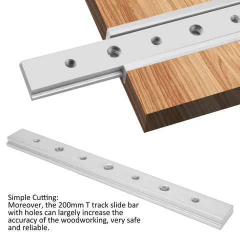 200mm Aluminum Miter Bar Accessory with T Slot Track Jig and mounting holes used on wood surface, silver finish