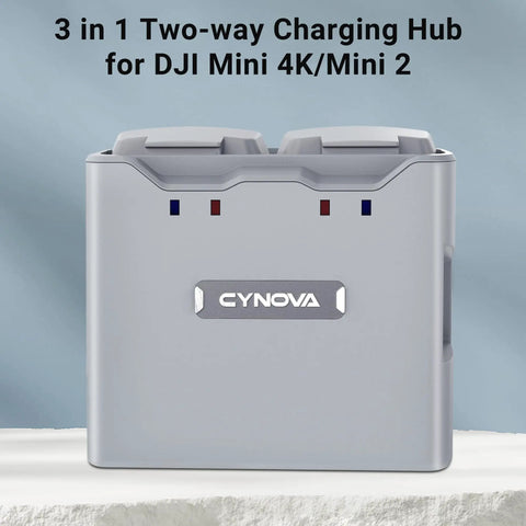 Front view of Two Way Battery Charger Hub for DJI Mini 4K and DJI Mini 2 Drones with brand logo, charging ports visible.