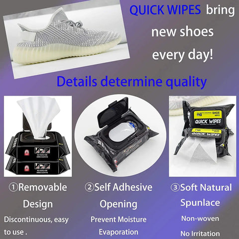 Two Pack 60 Count Sneaker Wipes Cleaner Quick Wipes Disposable Travel Ready Portable Removes Dirt And Stains For Shoes Leather Jackets Bags Skin Safe Natural Formula Perfect For All Materials Including Leather And Fabric, packaging with sneaker wipe use instructions.