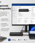 Top Shelf Thunderbolt Five 300W Docking Station Packs Thirteen In One Usb C Multiport Hub displayed on a desk with laptop.