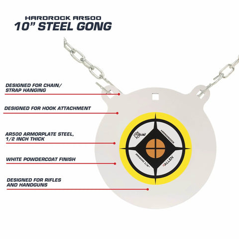 Hardrock AR500 One Half Inch Steel Gong Target For Rifles And Handguns White Powder Coat Finish with chains hanging