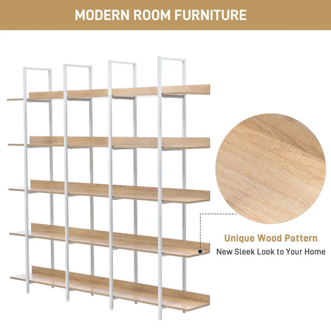 Five Tier Industrial Bookcase With White Metal Frame And Oak Shelves in modern room furniture setup
