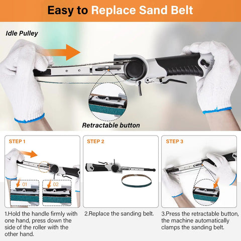 Rock Solid Multi Angle Industrial Air Belt Sander Includes 36 40 60 Grits Built Like A Tank For Pro Woodworking And Metal Grinding That Shreds Through Rust Like A Champ, demonstrating easy sand belt replacement steps.
