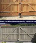 Wooden and PVC fences with Spring-Loaded Gate Caster Kit For Wooden And PVC Fences Beefed-Up Heavy-Duty Outdoor Rolling Fence Support Wheels 4.3-Inch Black Casters installed.