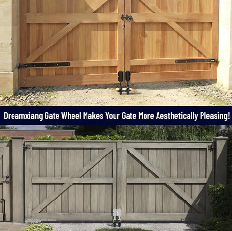 Wooden and PVC fences with Spring-Loaded Gate Caster Kit For Wooden And PVC Fences Beefed-Up Heavy-Duty Outdoor Rolling Fence Support Wheels 4.3-Inch Black Casters installed.