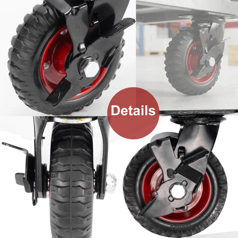 Close-up of 8 Inch Built Tough Heavy Duty Rubber Casters Set Of Four With Swivel Brakes and knobby tread for outdoor carts.