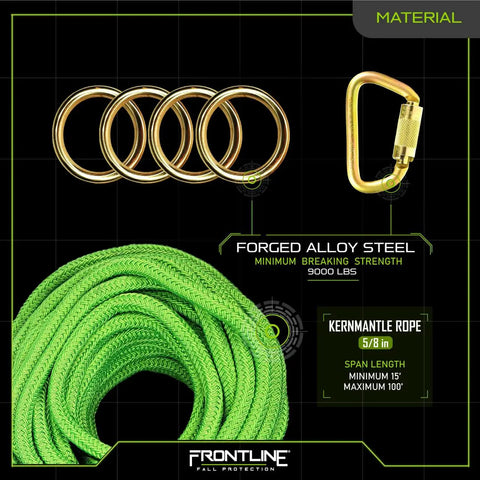 Heavy Duty 100 Foot Adjustable Horizontal Lifeline System For Up To Four Technicians With Badass Six Foot Anchor Straps No Fuss Assembly Reusable Fall Arrest Gear Built Legit To Clear Osha Ansi Codes featuring forged alloy steel rings and kernmantle rope.