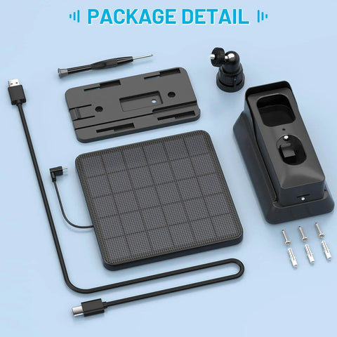 Package contents of 13200mAh Solar Charging Base Station for Blink Doorbell 2nd Gen, includes solar panel and installation kit.