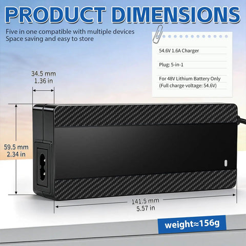 Dimensions of the 54.6V 1.6A Lithium Battery Charger For 48V 13S E-Bike Systems with 5-In-1 Universal Plug, UL Certified.