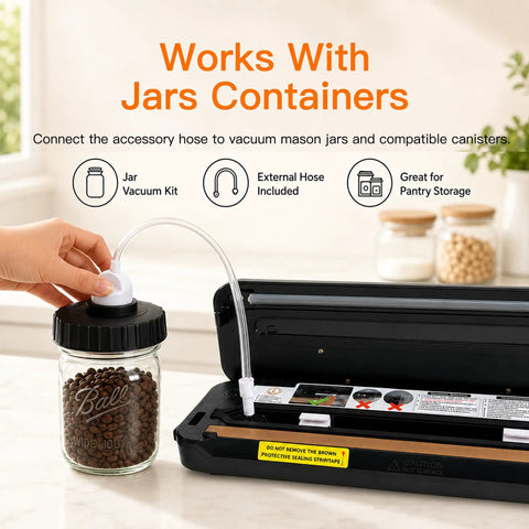 Straight Up Game Changing Compact Vacuum Sealer Machine With One Touch Automatic Sealing for jars, with attached vacuum hose.