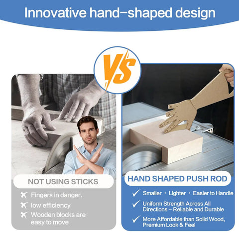 Innovative hand-shaped design of Badass Safety Mdf Table Saw Push Stick And Miter Block Grabber with wood cutting setup.