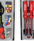 82 Piece Electrical Tool Kit 2 Pack with 2 Electric Screwdrivers, wire strippers, crimpers and connectors on display.