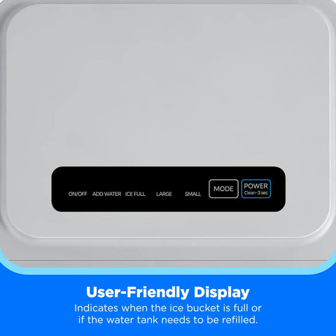 User-friendly display on Countertop Bullet Ice Maker Fast Ice 8 Bullets In 6 Minutes Up To 26 Lbs Per Day Self Cleaning.