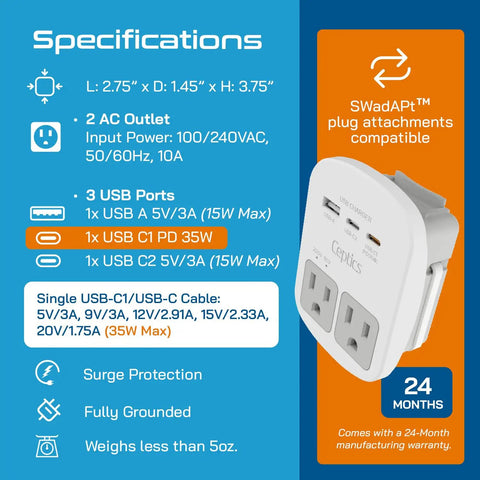 User manual page for Must-Have World Travel Universal Power Adapter Kit With 2 USA Outlets, USB-A, USB-C, PD 35W USB-C Port.