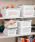 10 Pack Medium Stacking Baskets With Open Top For Grab And Go Storage white plastic crates organized on pantry shelves